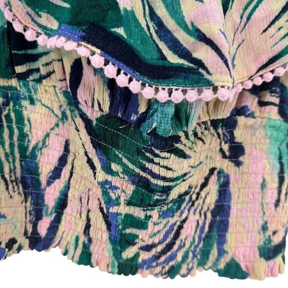 Torrid Top Size 2 US 2X Tropical Leaf Pattern Off The Shoulder Ruffle Pink Green - Picture 5 of 7
